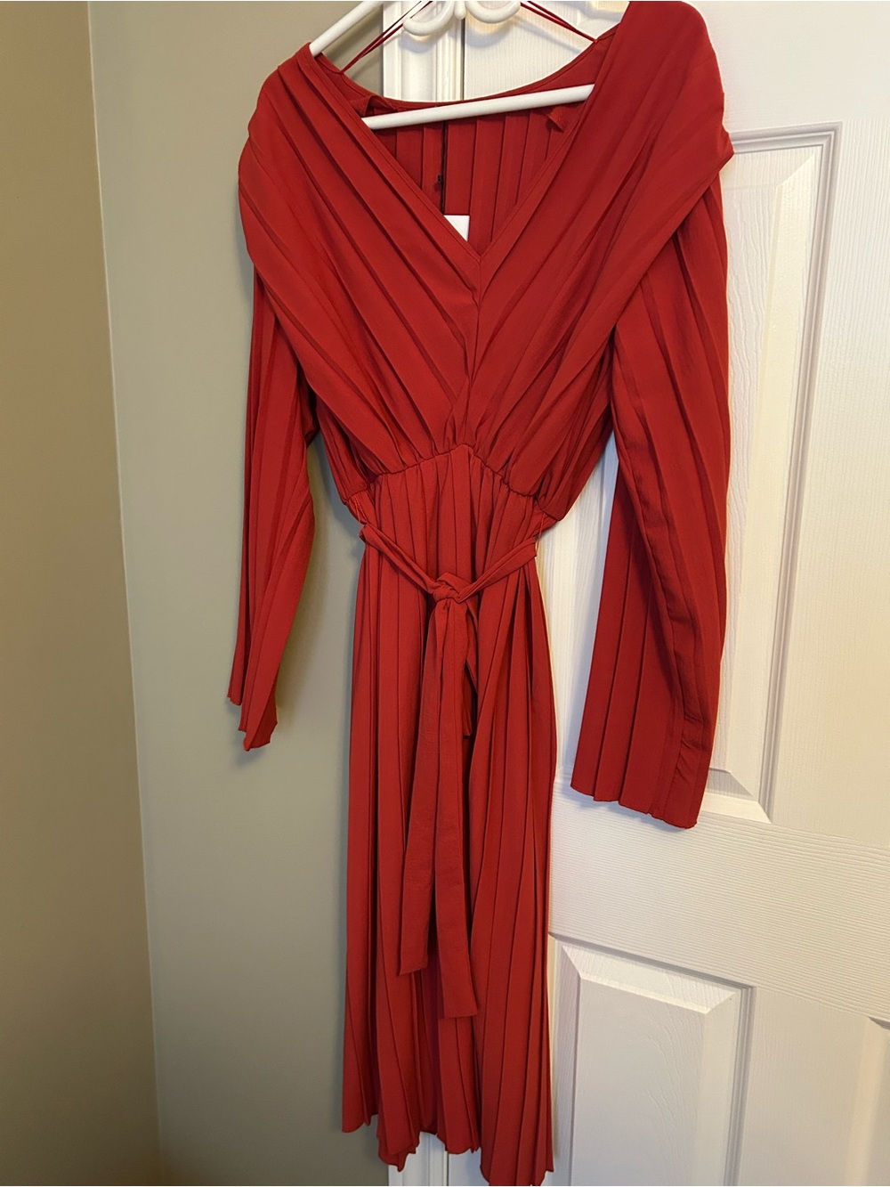 Zara Red Pleated Midi Wrap Dress with Tie